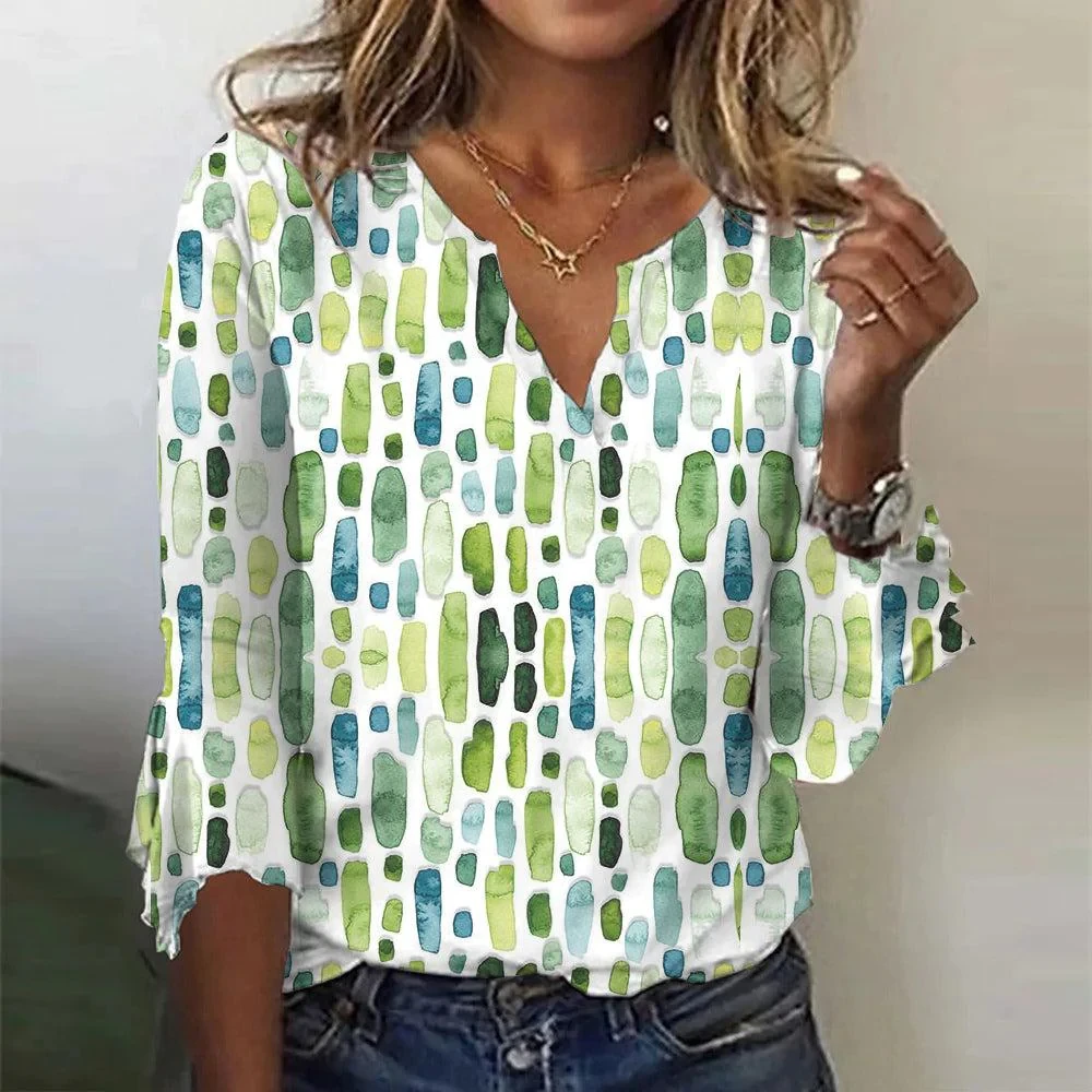 Green Geometric Watercolor Print Notched Sleeve Top