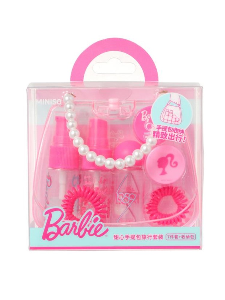 Miniso Barbie Dispensing Bottle Set Sweetheart Handbag Travel Set, 7-Piece Dispensing Bottle Storage Bag