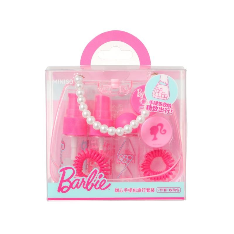 Miniso Barbie Dispensing Bottle Set Sweetheart Handbag Travel Set, 7-Piece Dispensing Bottle Storage Bag