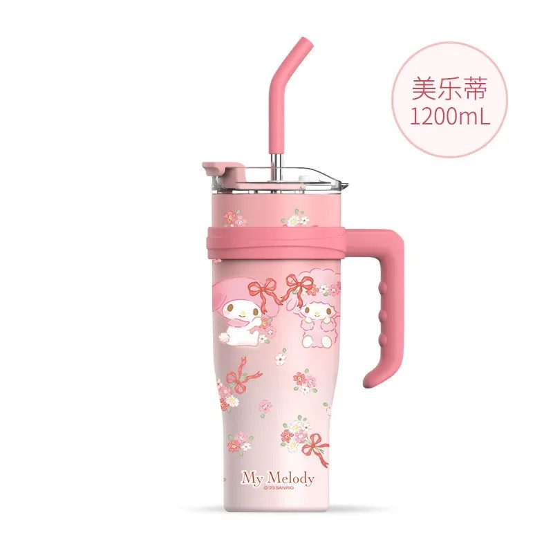 MINISO 1200ml Sanrio Thermos Bottle Cold Ice Cute Hello Kitty Kuromi Cinnamoroll Melody Stainless Steel Water Bottle with Straw 2024