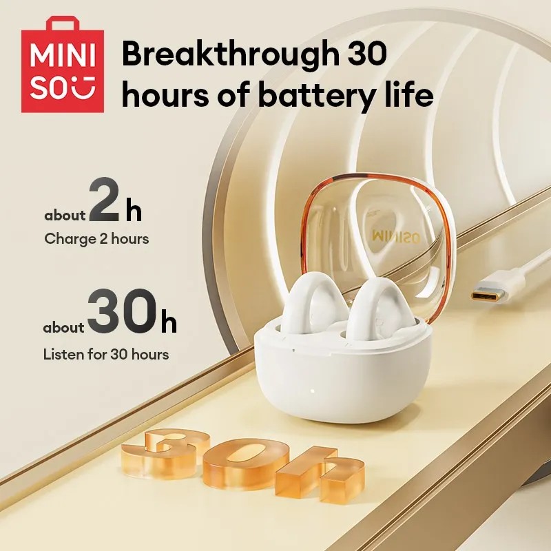 Original MINISO MCT09 Wireless Bluetooth V5.3 Earphones Touch Control Ear Clip Music Earbuds, Sport Running Headset with Mic