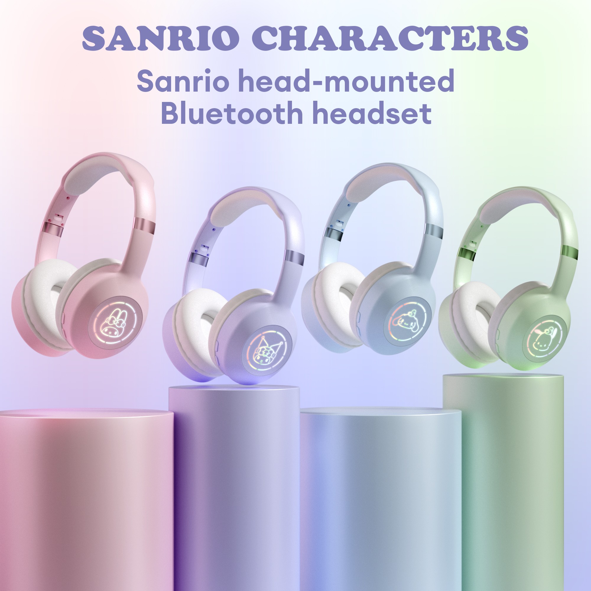 Miniso Sanrio EM-368 Bluetooth 5.2 Headphones Stereo Sound Wireless Earphones with RGB Light, Kuromi, Melody, and Hello Kitty Designs