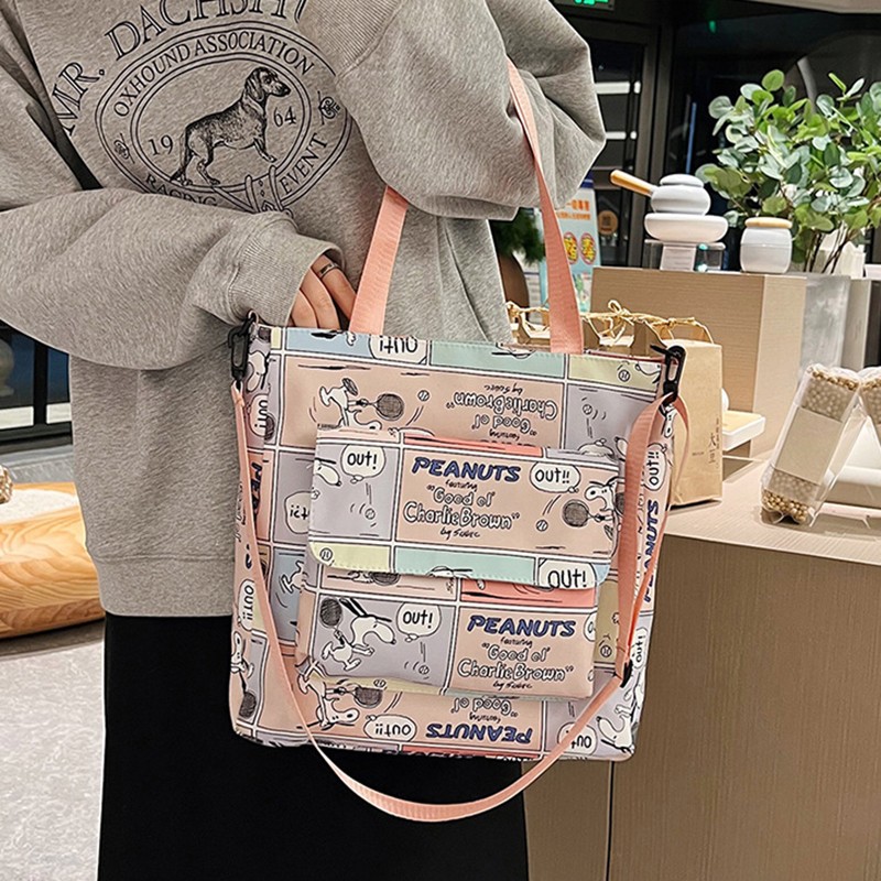 MINISO Snoopy Cartoon Print Tote Bag Fashionable Large Capacity Casual One Shoulder Crossbody Bag, Nylon Pink Handbag