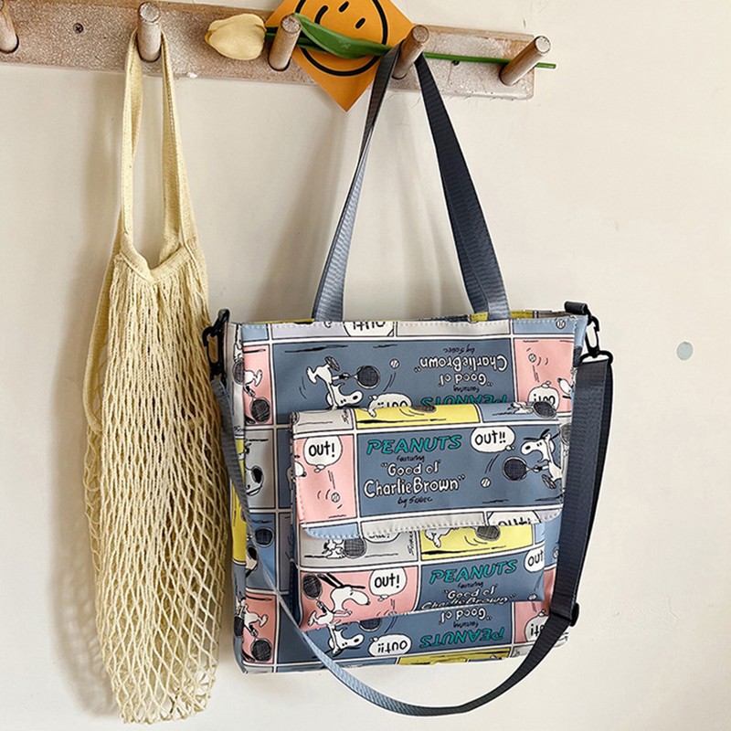 MINISO Snoopy Cartoon Print Tote Bag Fashionable Large Capacity Casual One Shoulder Crossbody Bag, Nylon Pink Handbag