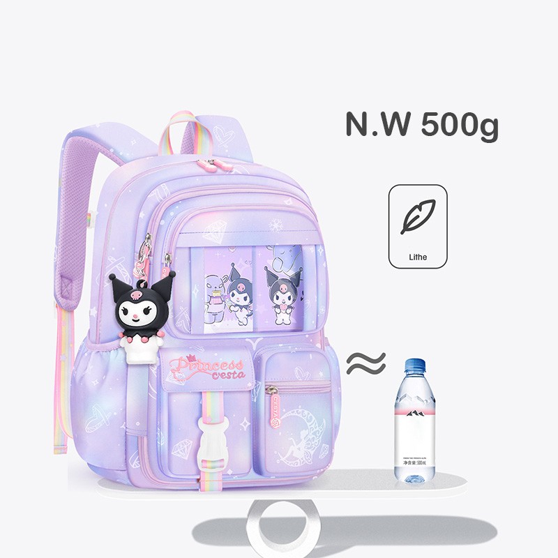 MINISO Sanrio Kuromi Student Backpack Kawaii Reduce Burden Protect Spine Kids Schoolbag, Cute Cartoon Light Book Bag, Girl Gift
