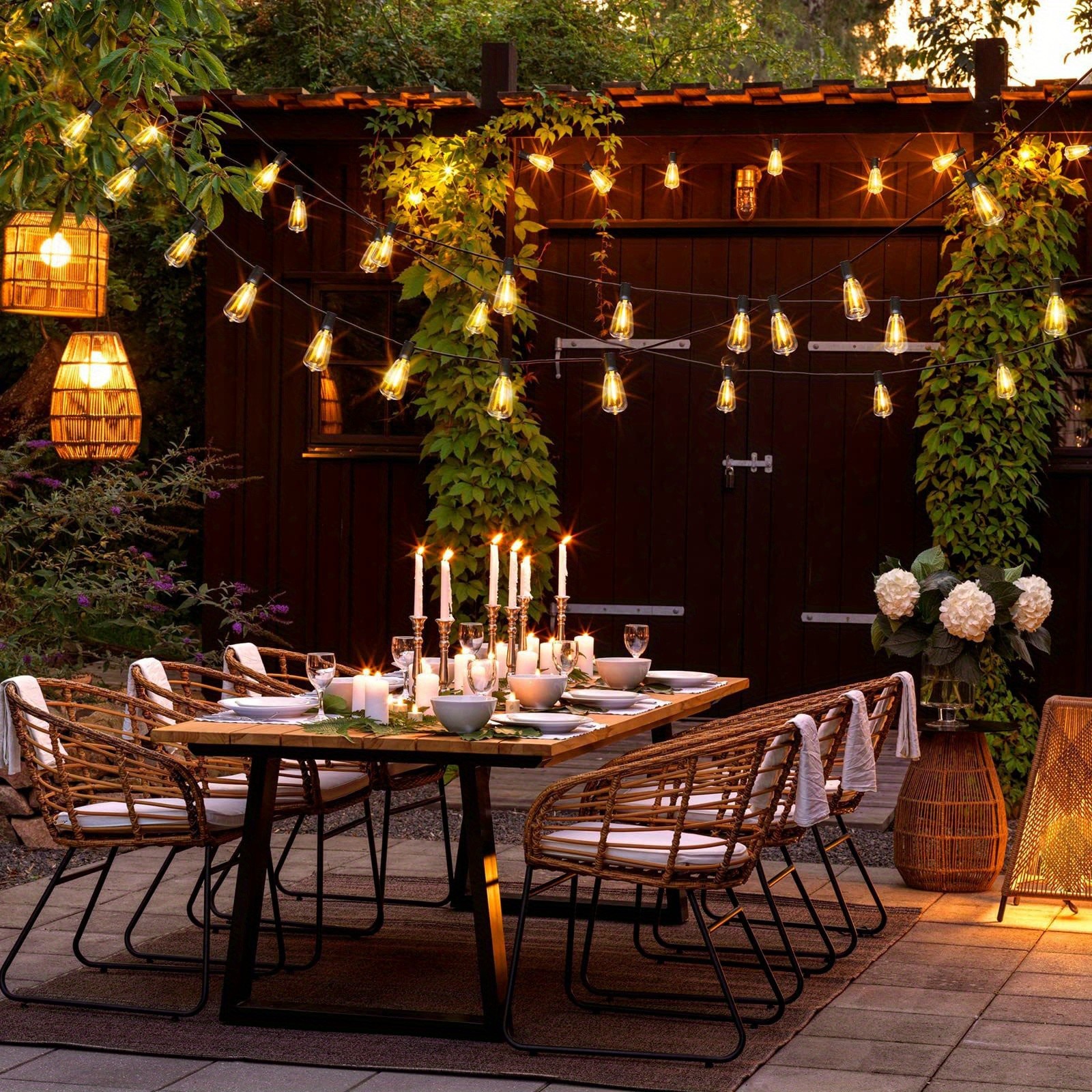 50FT Outdoor String Lights LED Garden String Lights with Shatterproof ST38 Solar Retro Bulbs, Waterproof, Exterior Pendant Lights for Porch, Backyard, Cafe, Balcony, Bistro