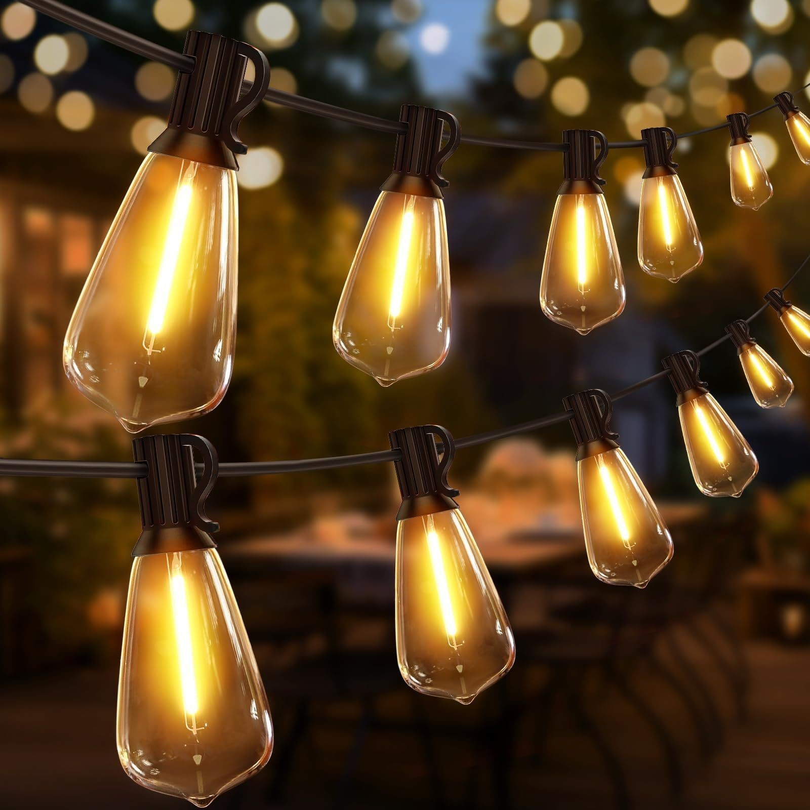 50FT Outdoor String Lights LED Garden String Lights with Shatterproof ST38 Solar Retro Bulbs, Waterproof, Exterior Pendant Lights for Porch, Backyard, Cafe, Balcony, Bistro