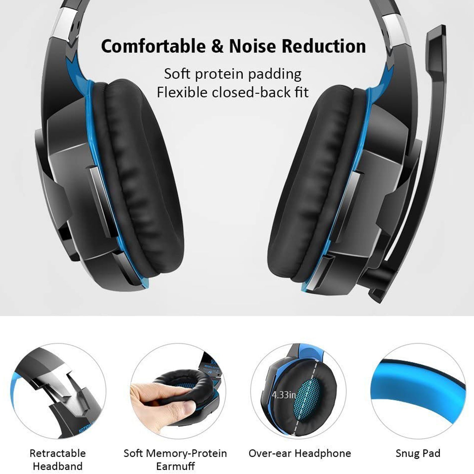 G2000 Gaming Headset Immersive Audio, Noise Cancelling Mic, LED Lights, Soft Memory Earmuffs