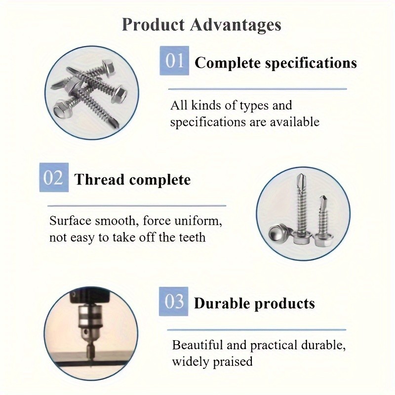 250pcs 410 Stainless Steel #8 Self-Tapping TEK Screws Assortment Kit Hexagon Self-Drilling Screws for Metal, Furniture, Building & Repairing with Hex Washer Head, Includes Hex Nut Driver
