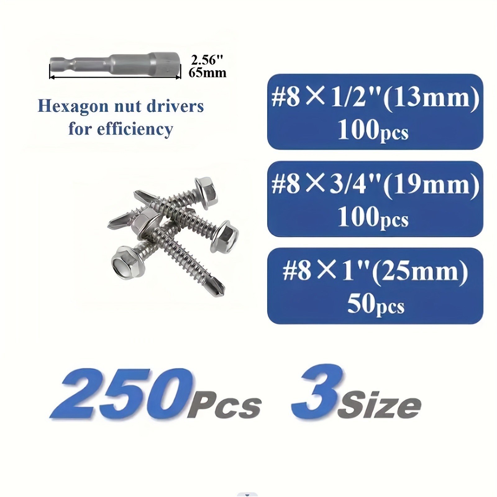 250pcs 410 Stainless Steel #8 Self-Tapping TEK Screws Assortment Kit Hexagon Self-Drilling Screws for Metal, Furniture, Building & Repairing with Hex Washer Head, Includes Hex Nut Driver