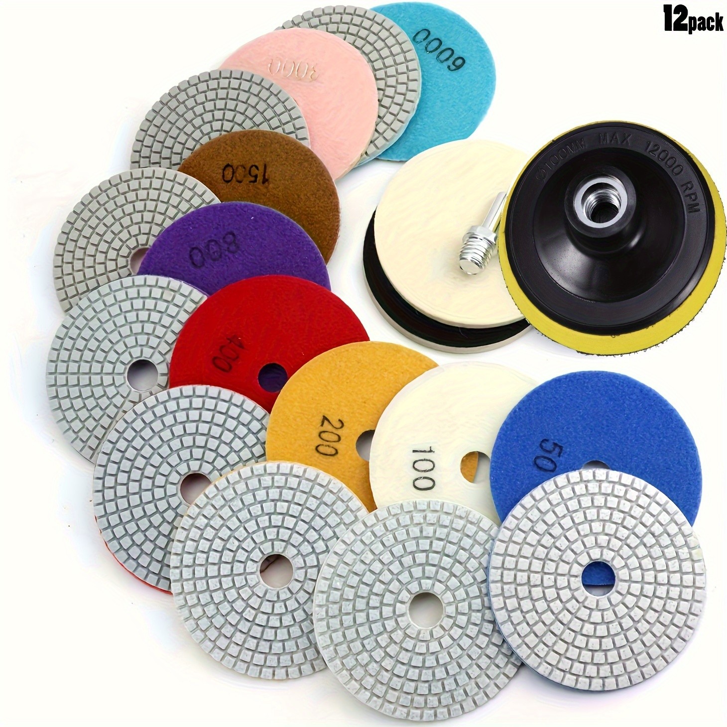 12pcs 4in Diamond Polishing Disc Set Wet/Dry Grinding and Polishing Pads with 50-6000 Grit for Granite, Concrete, Marble, Stone Countertops, and Quartz Stone