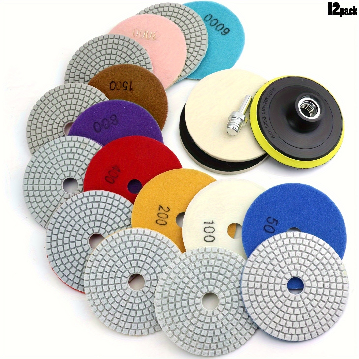 12pcs 4in Diamond Polishing Disc Set Wet/Dry Grinding and Polishing Pads with 50-6000 Grit for Granite, Concrete, Marble, Stone Countertops, and Quartz Stone