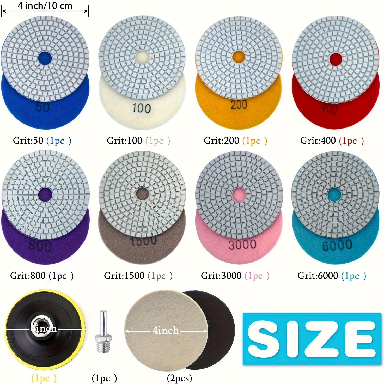 12pcs 4in Diamond Polishing Disc Set Wet/Dry Grinding and Polishing Pads with 50-6000 Grit for Granite, Concrete, Marble, Stone Countertops, and Quartz Stone