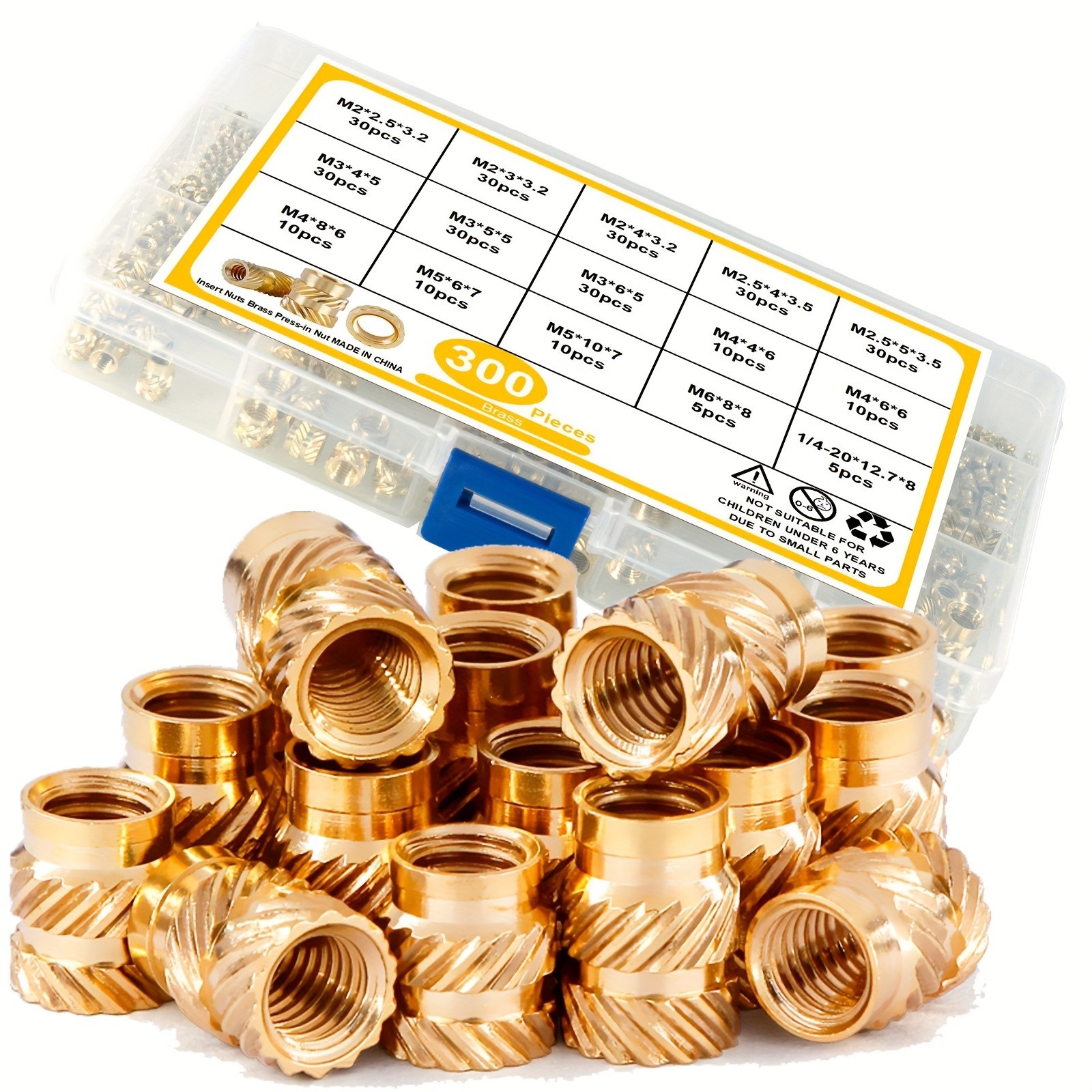 300pcs Brass Threaded Inserts for 3D Printer Parts Heat Set Screw Inserts, Knurled Thread Embedment Nuts, Multisize Assortment Kit for Plastic Cylinder Shapes, Uncharged - Without Battery