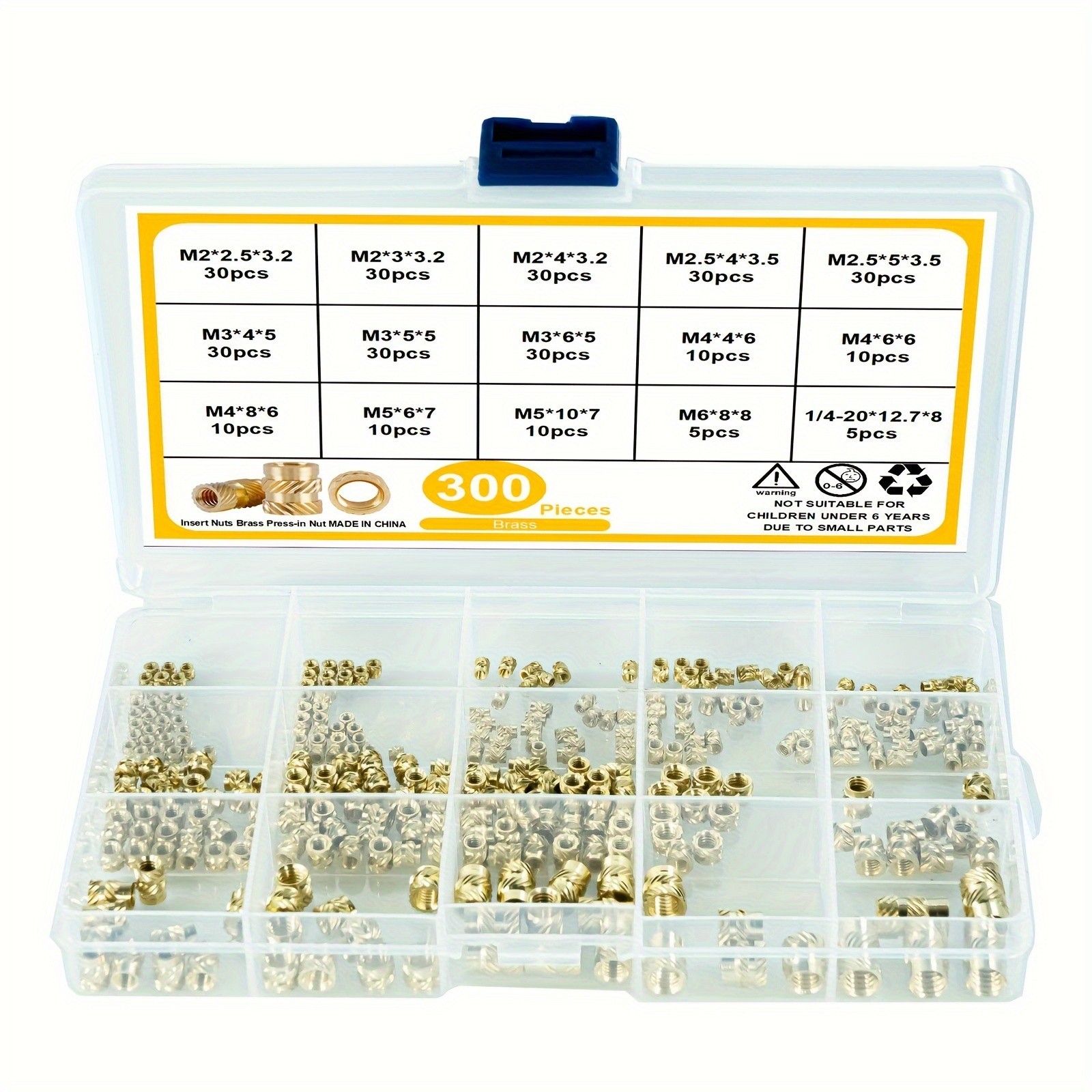 300pcs Brass Threaded Inserts for 3D Printer Parts Heat Set Screw Inserts, Knurled Thread Embedment Nuts, Multisize Assortment Kit for Plastic Cylinder Shapes, Uncharged - Without Battery