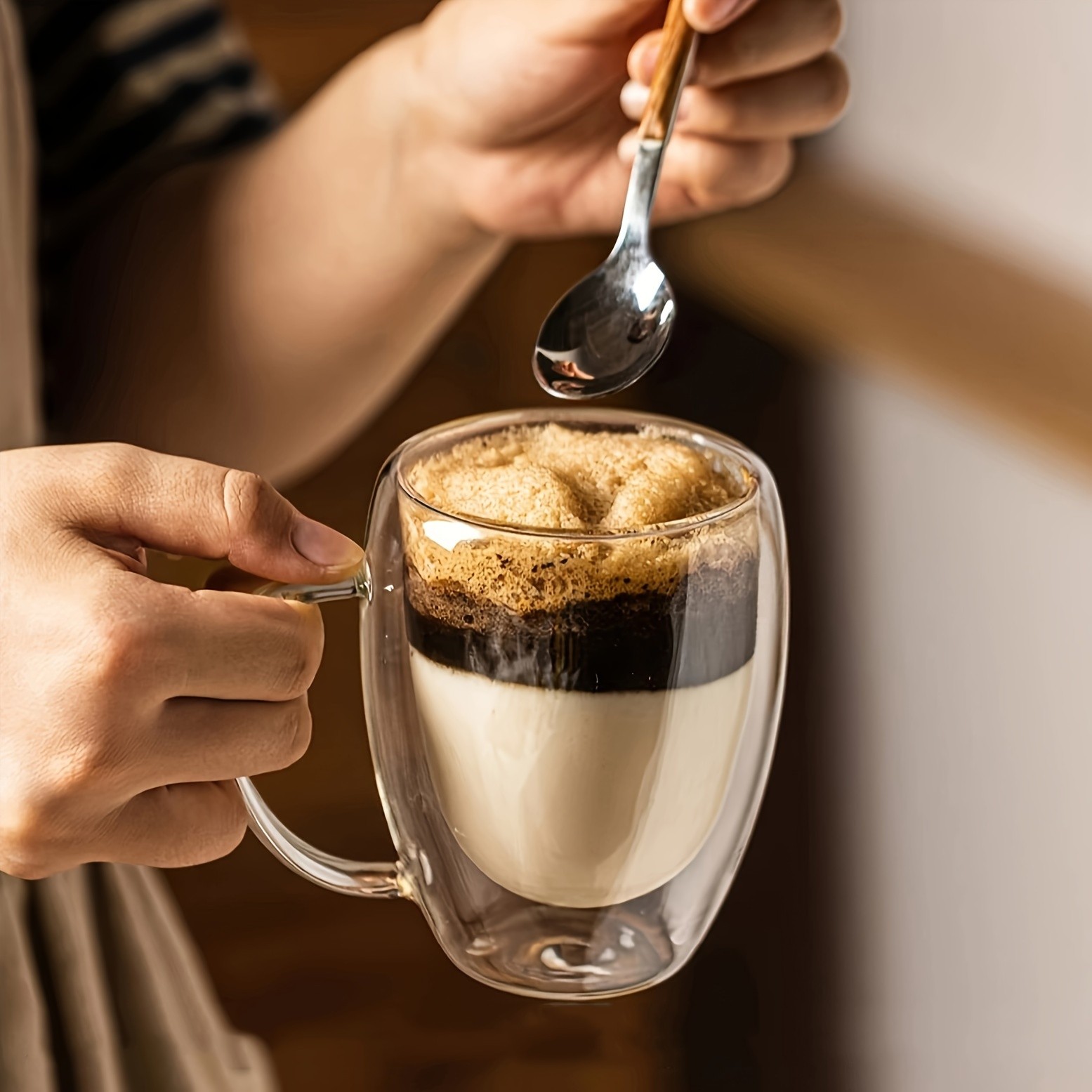 6pcs Double Walled Glass Cups with Spoons Clear Espresso Coffee Tea Mugs, Insulated Heat-Resistant Beverage Cups, 350ml/12oz, Perfect for Coffee, Tea, Cappuccino & Lattes, Drinkware for Restaurants and Cafes