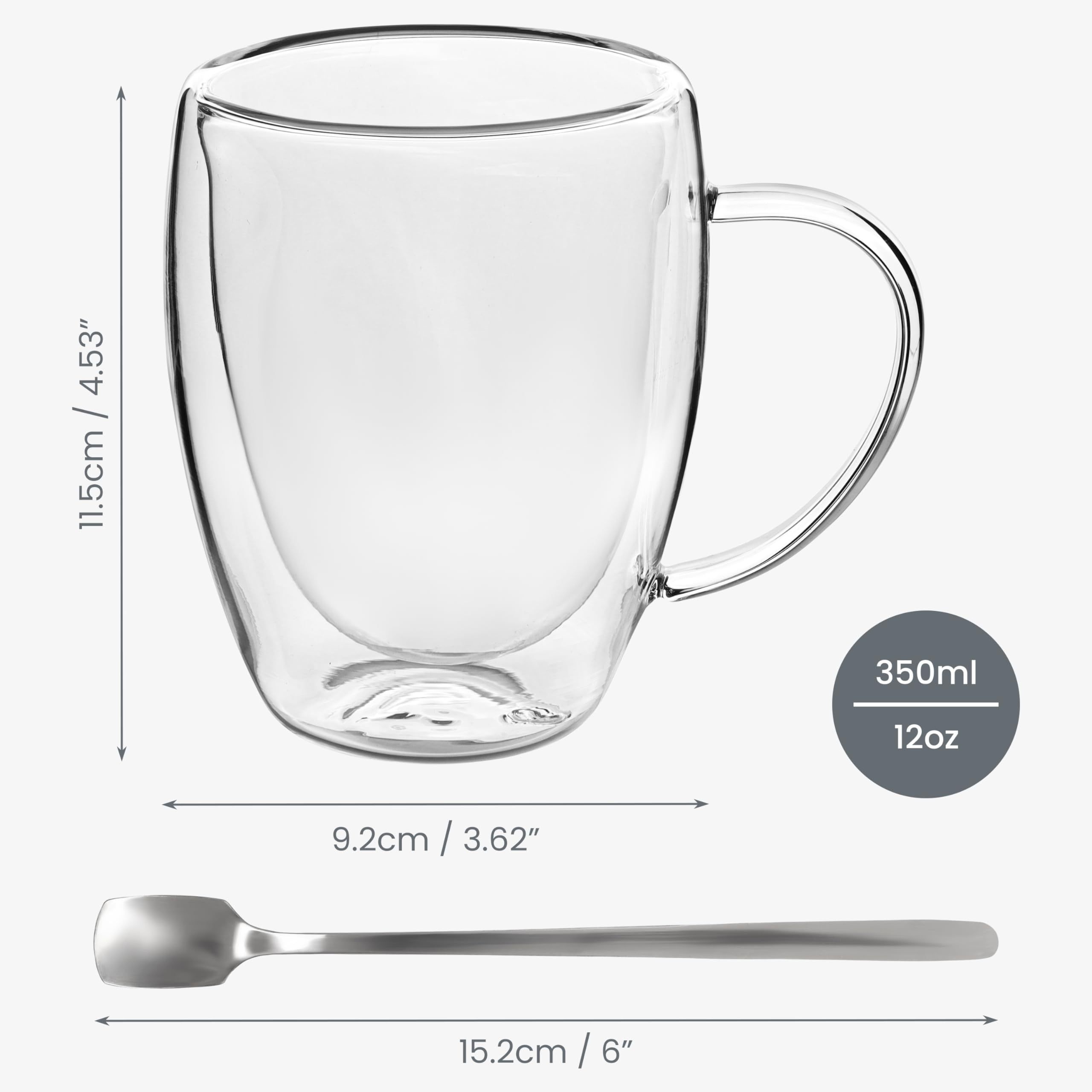 6pcs Double Walled Glass Cups with Spoons Clear Espresso Coffee Tea Mugs, Insulated Heat-Resistant Beverage Cups, 350ml/12oz, Perfect for Coffee, Tea, Cappuccino & Lattes, Drinkware for Restaurants and Cafes