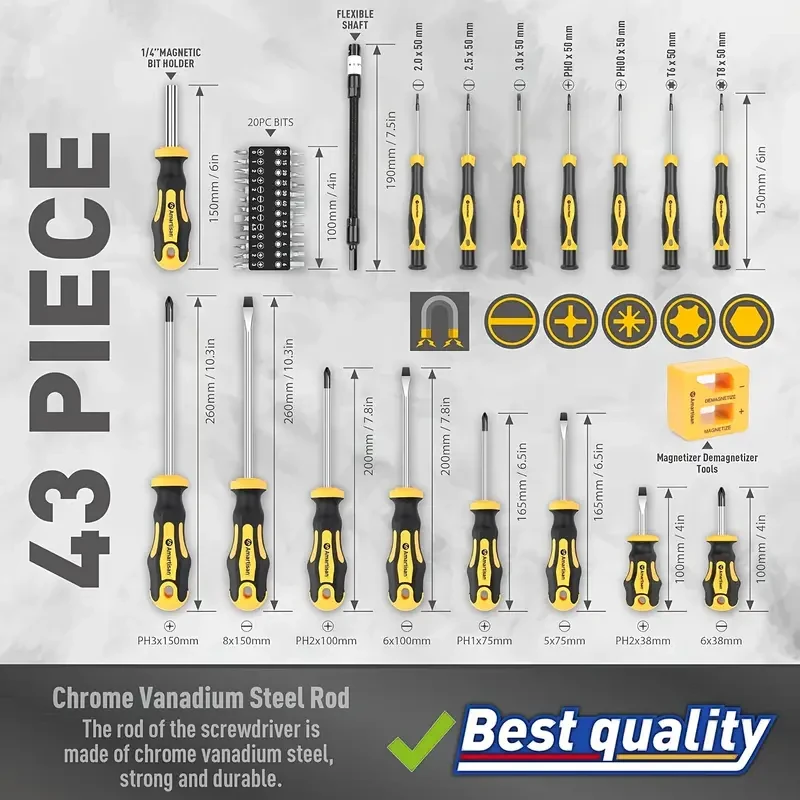 43-Piece Magnetic Screwdriver Kit with Box Includes Slotted, Cross, Hex, Precision, and More