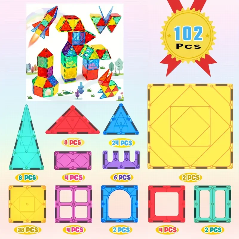 KIDNOAM 102pcs Magnetic Building Blocks Vehicle-Themed Construction Toys