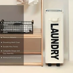 Narrow Slim Laundry Basket  Collapsible Hamper with Wheels & Handle