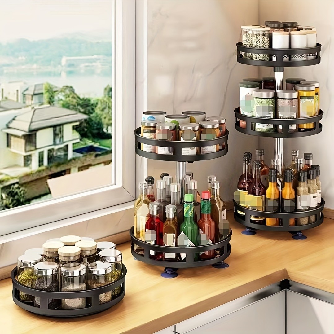 Multifunctional Rotating Storage Rack with Adjustable Height and Spray Paint Finish  Ideal for Kitchen, Bathroom, and Countertop Organization for Restaurants
