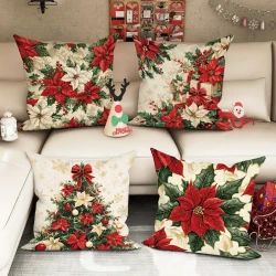 Vintage Christmas Velvet Throw Pillow Covers Set of 4, Festive Floral and Tree Design, 45.72x45.72 cm, Soft Decorative Zippered Pillowcases for Sofa and Living Room, Machine Washable, Polyester  Without Inserts
