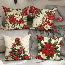 Vintage Christmas Velvet Throw Pillow Covers Set of 4, Festive Floral and Tree Design, 45.72x45.72 cm, Soft Decorative Zippered Pillowcases for Sofa and Living Room, Machine Washable, Polyester  Without Inserts
