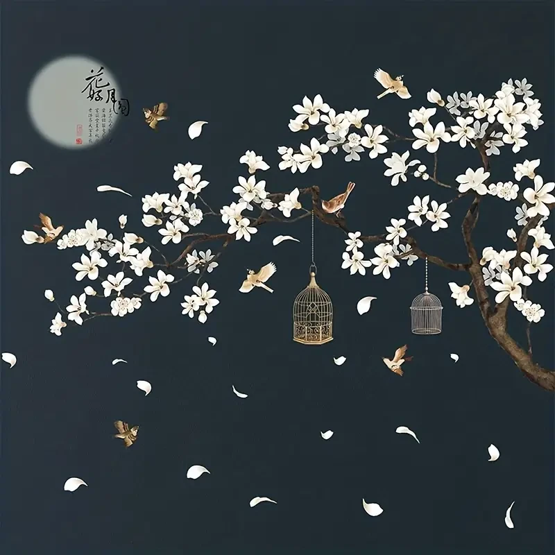 Chinese-Style Wall Stickers Flying Birds & White Flowers