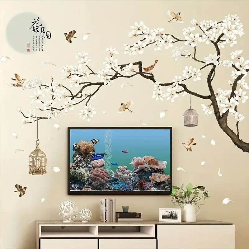 Chinese-Style Wall Stickers Flying Birds & White Flowers