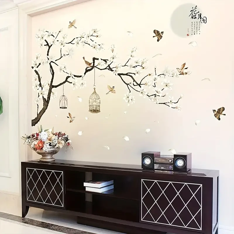 Chinese-Style Wall Stickers Flying Birds & White Flowers
