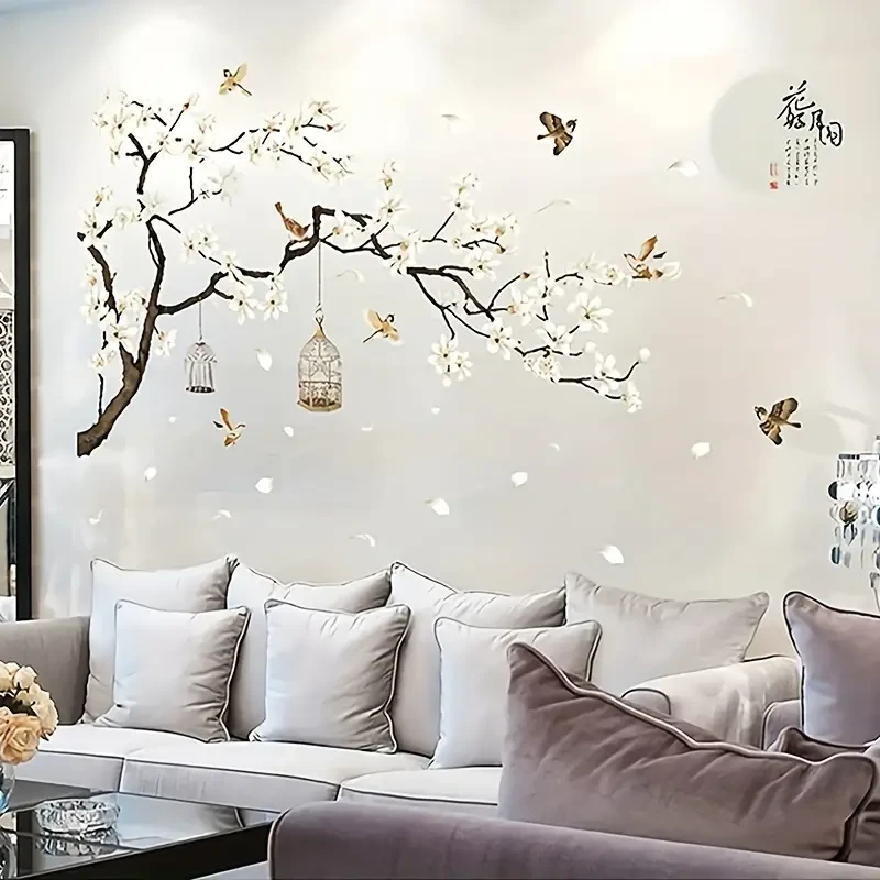 Chinese-Style Wall Stickers Flying Birds & White Flowers