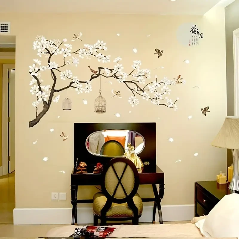 Chinese-Style Wall Stickers Flying Birds & White Flowers