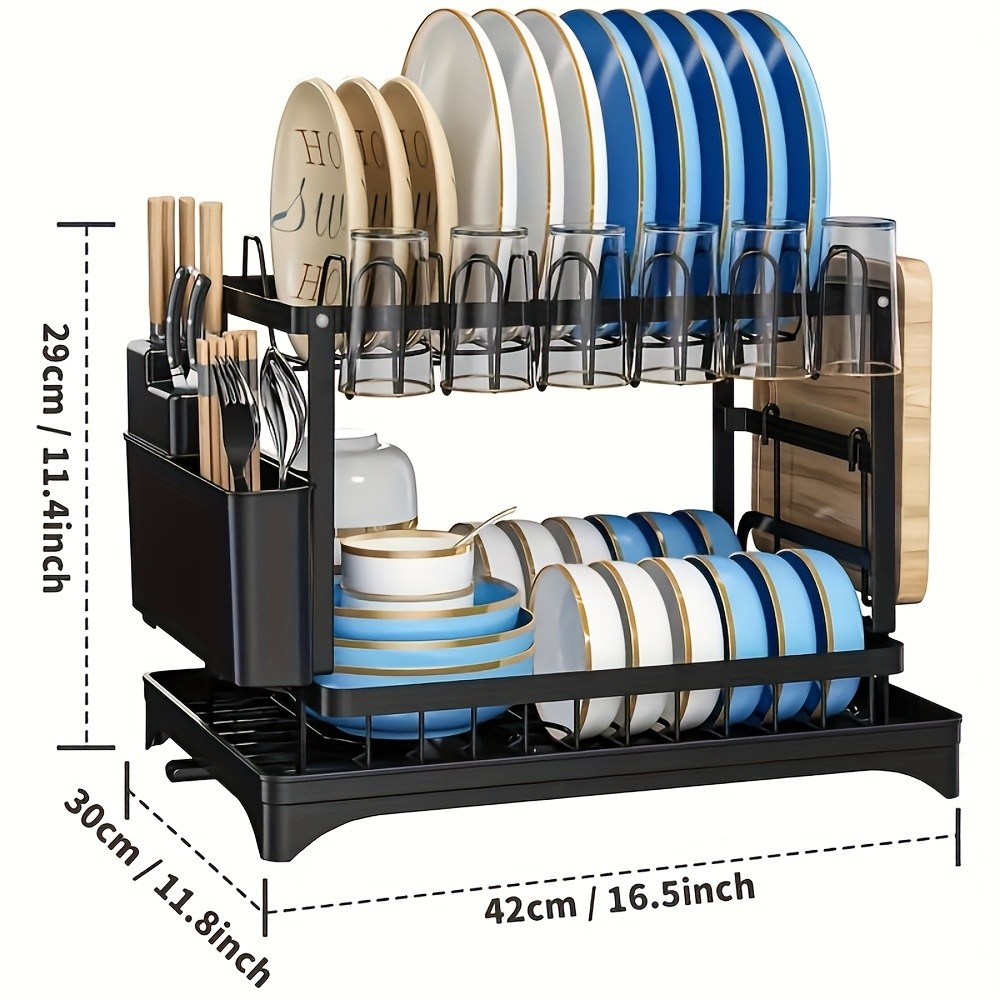 2-Tier Dish Rack with Utensil Holder  Rustproof Kitchen Dish Drying Rack with Drainboard for Kitchen Countertop