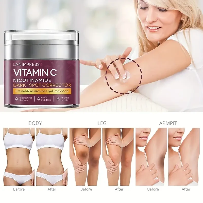 LANIMIPRESS Vitamin C Dark Spot Corrector Cream, 1.76 oz, Retinol-Niacinamide-Hyaluronic Acid, All-Skin Type Brightening, Even Tone, Hydrating Face & Body Moisturizer, Low Allergenic, for Dark Spots