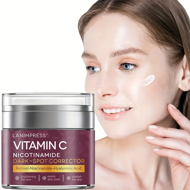 LANIMIPRESS Vitamin C Dark Spot Corrector Cream, 1.76 oz, Retinol-Niacinamide-Hyaluronic Acid, All-Skin Type Brightening, Even Tone, Hydrating Face & Body Moisturizer, Low Allergenic, for Dark Spots
