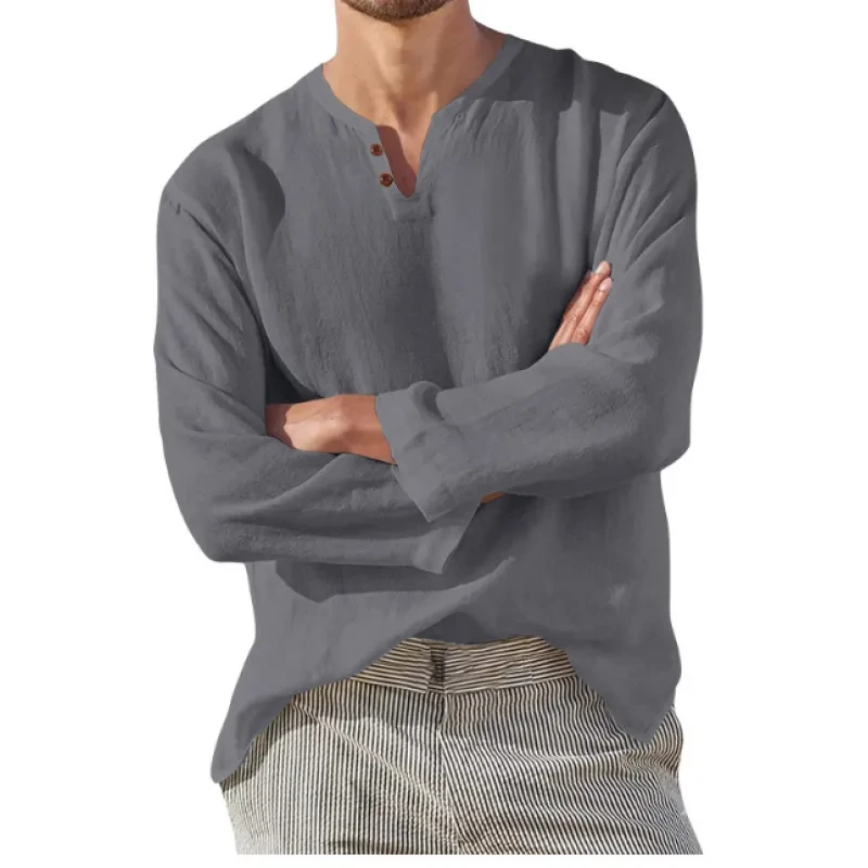 Cotton Linen Men's Long Sleeve V-neck Casual Beach Linen Shirt
