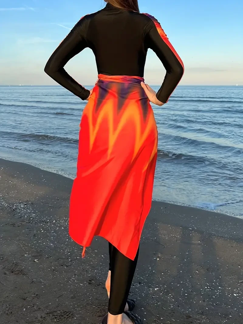 Women's 3-Piece Swimwear Set with Long Sleeve Flame-Print One-Piece, Side-Tie Cover-Up & Zippered Neckline Chic Beach Ensemble
