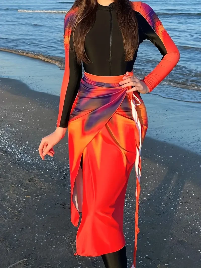 Women's 3-Piece Swimwear Set with Long Sleeve Flame-Print One-Piece, Side-Tie Cover-Up & Zippered Neckline Chic Beach Ensemble