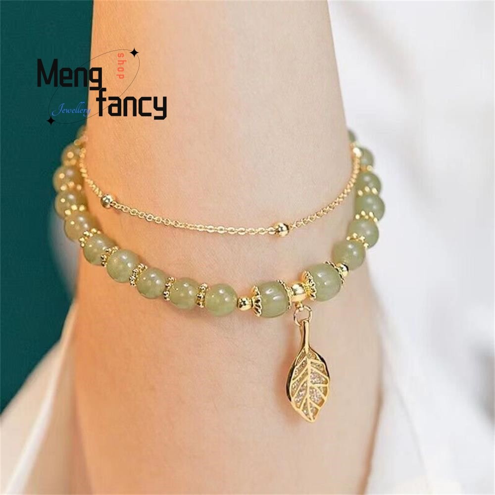 Natural Hetian Jasper Bracelet Golden Branch & Jade Leaves for Womens Fashion Jewelry