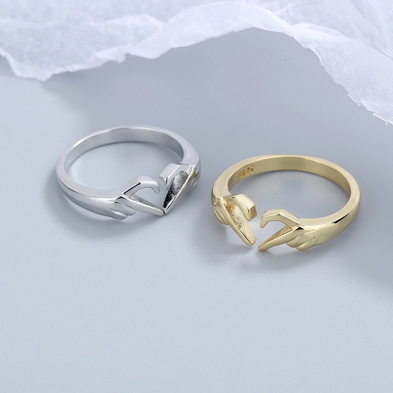 Romantic Heart & Hand Couple Ring Silver Adjustable Open Ring for Lovers