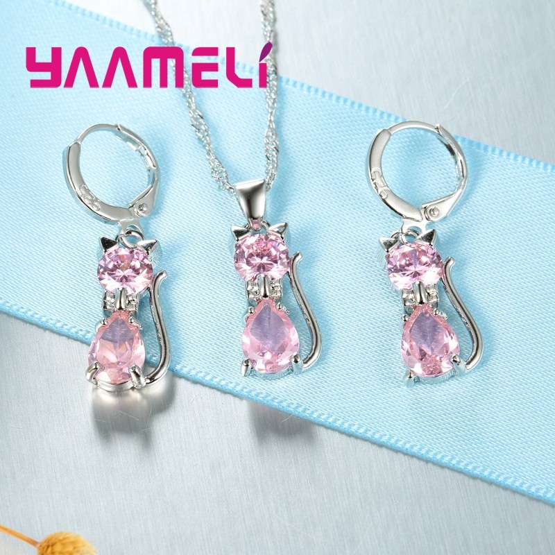 925 Sterling Silver Cat Jewelry Set Austrian Crystal Necklace & Huggie Earrings for Women & Girls