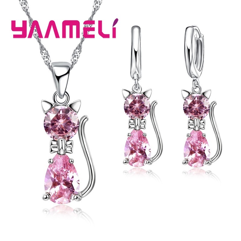 925 Sterling Silver Cat Jewelry Set Austrian Crystal Necklace & Huggie Earrings for Women & Girls