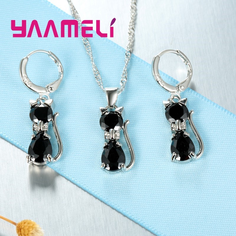 925 Sterling Silver Cat Jewelry Set Austrian Crystal Necklace & Huggie Earrings for Women & Girls
