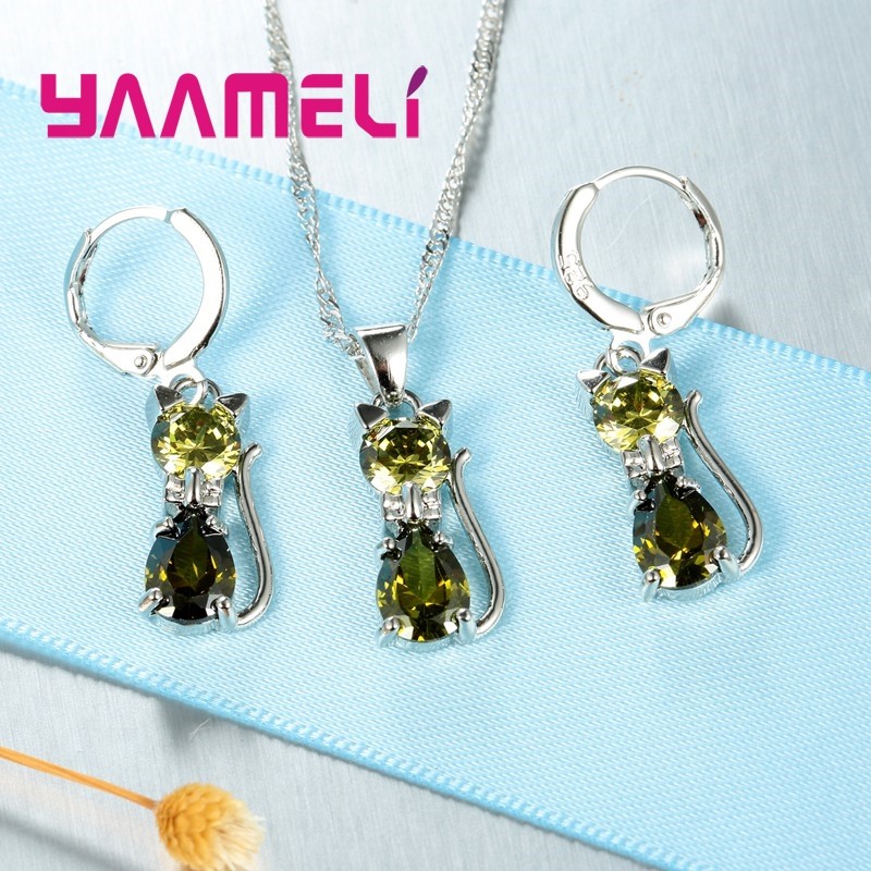 925 Sterling Silver Cat Jewelry Set Austrian Crystal Necklace & Huggie Earrings for Women & Girls
