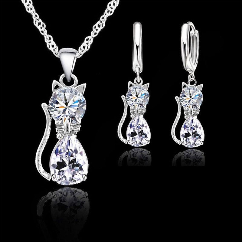 925 Sterling Silver Cat Jewelry Set Austrian Crystal Necklace & Huggie Earrings for Women & Girls