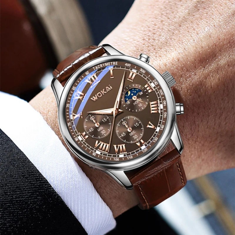 Business Mens Watch Faux Three-Eye Roman Numeral Dial with Leather Strap