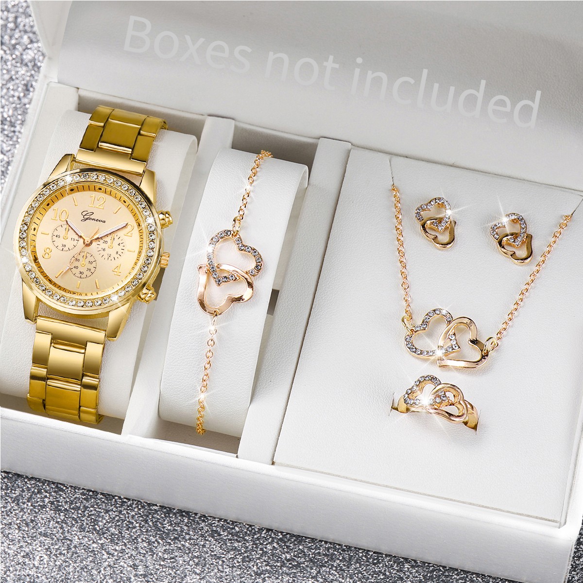 6PCS Women's Fashion Watch & Jewelry Set Rhinestone Stainless Steel Quartz Watch with Double Heart Design