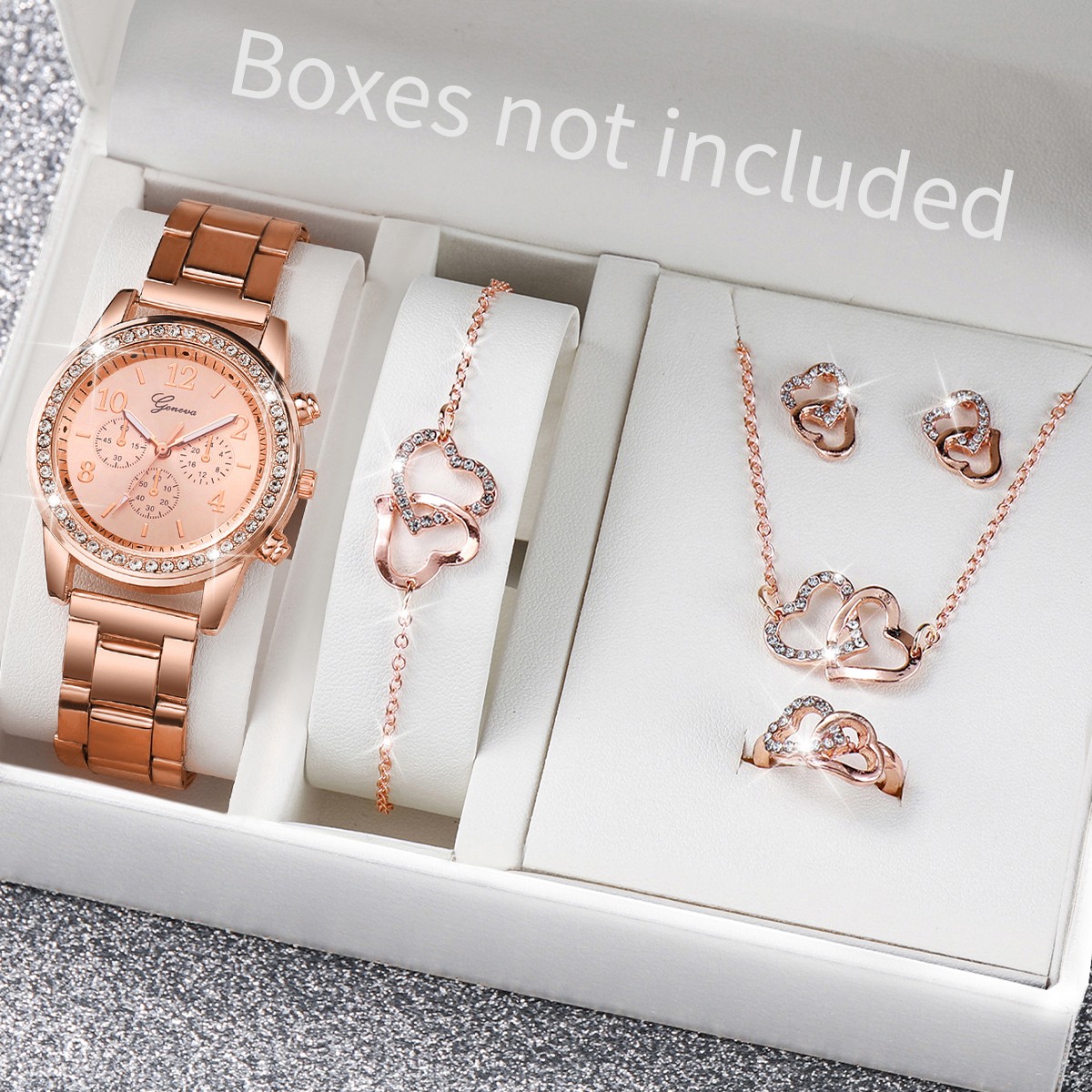 6PCS Women's Fashion Watch & Jewelry Set Rhinestone Stainless Steel Quartz Watch with Double Heart Design