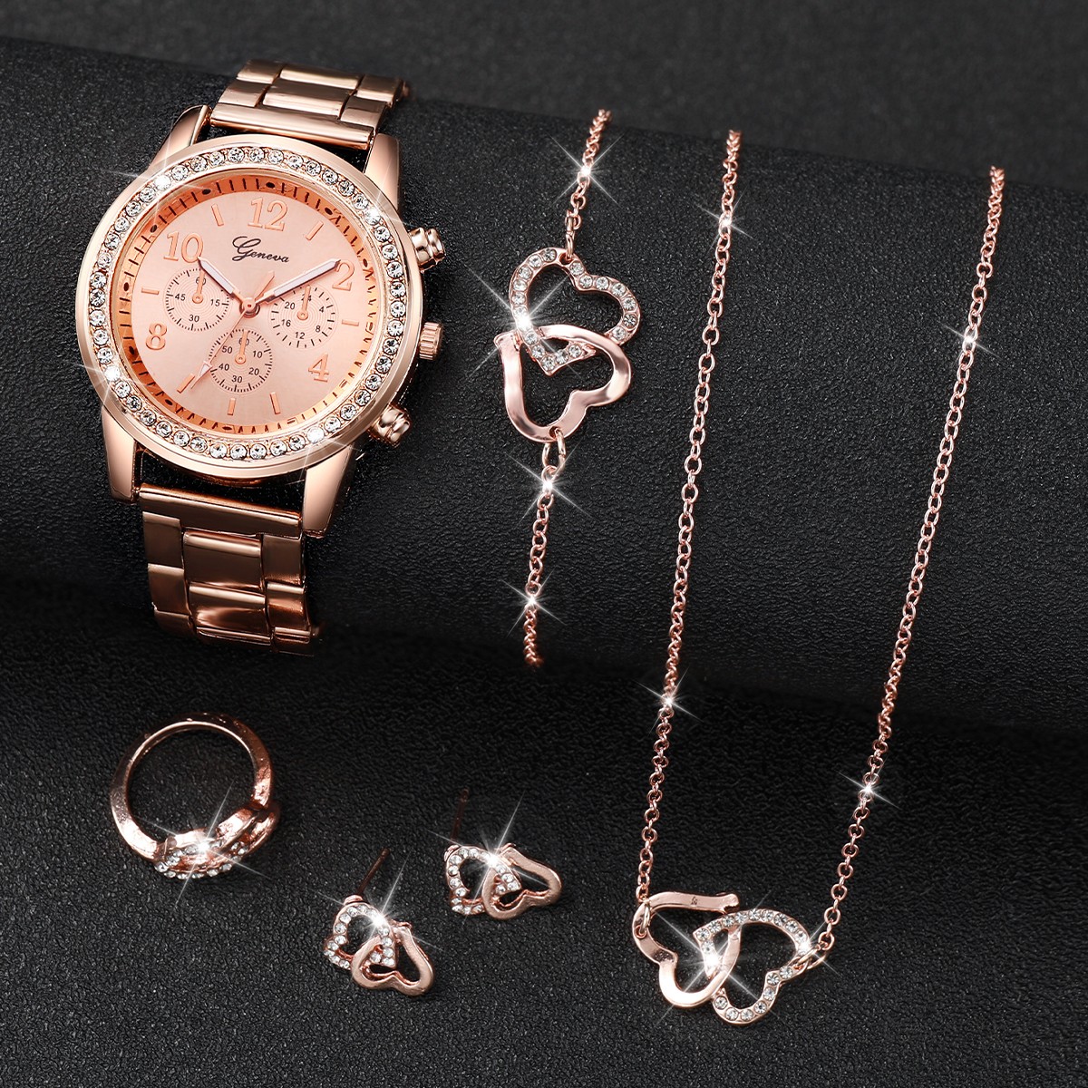6PCS Women's Fashion Watch & Jewelry Set Rhinestone Stainless Steel Quartz Watch with Double Heart Design