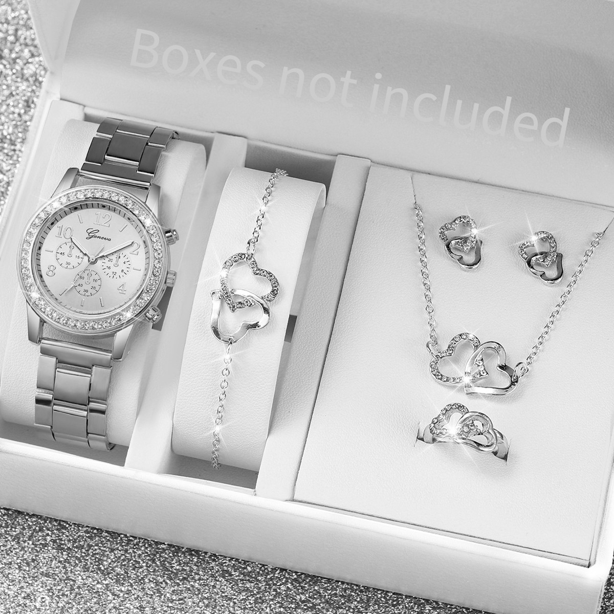 6PCS Women's Fashion Watch & Jewelry Set Rhinestone Stainless Steel Quartz Watch with Double Heart Design